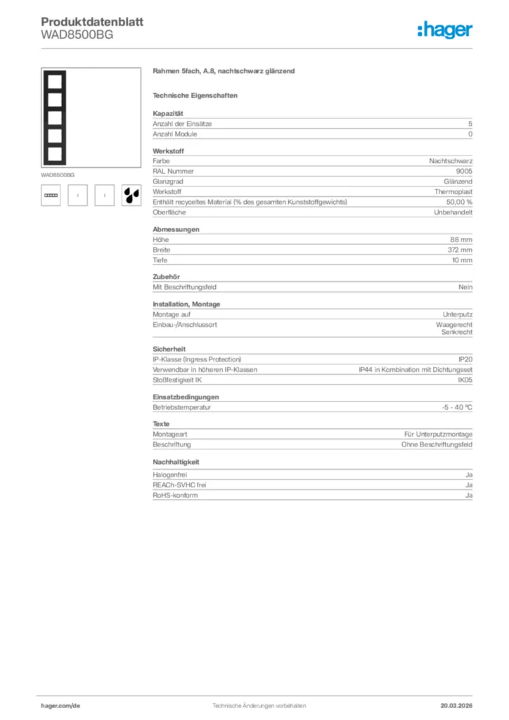 Bild Hager Produktdatenblatt WAD8500BG | Hager Deutschland