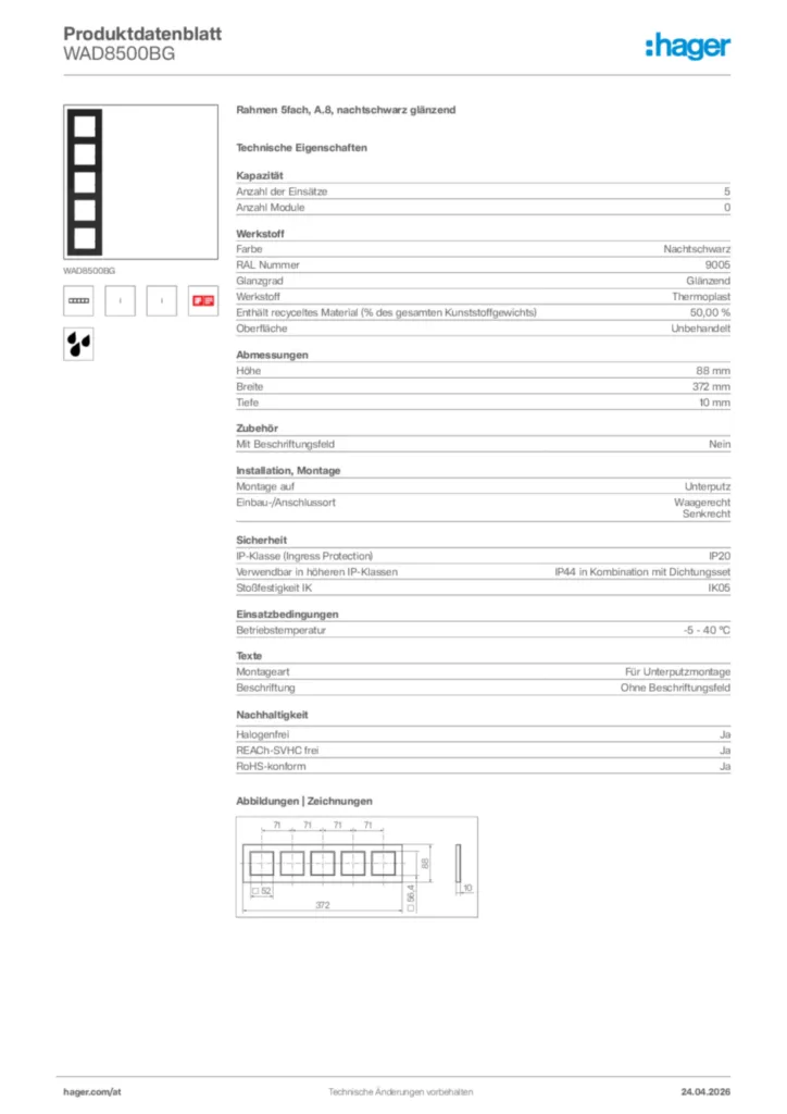 Bild Hager Produktdatenblatt WAD8500BG | Hager Deutschland