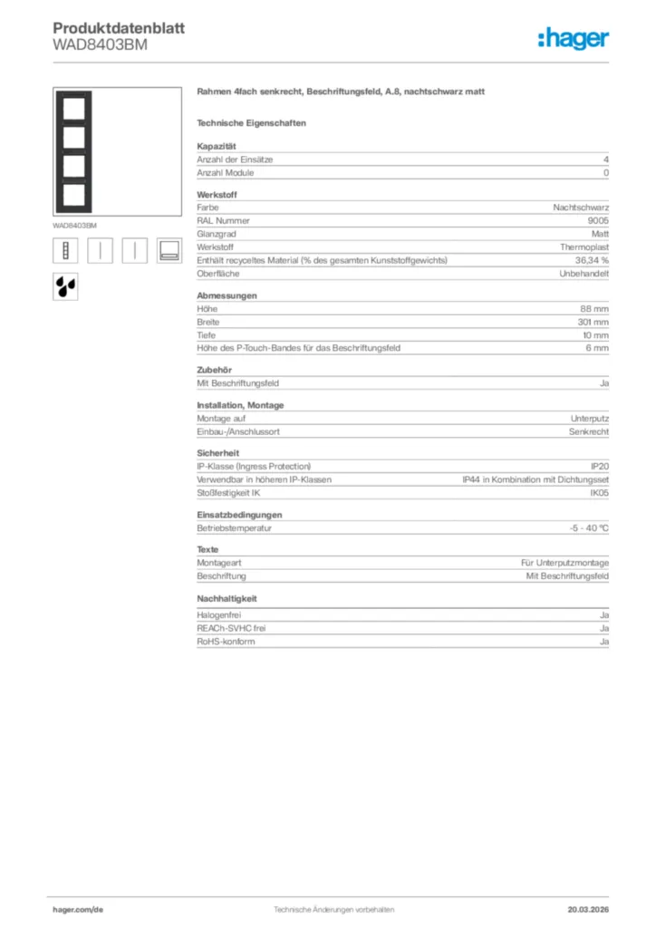 Bild Hager Produktdatenblatt WAD8403BM | Hager Deutschland