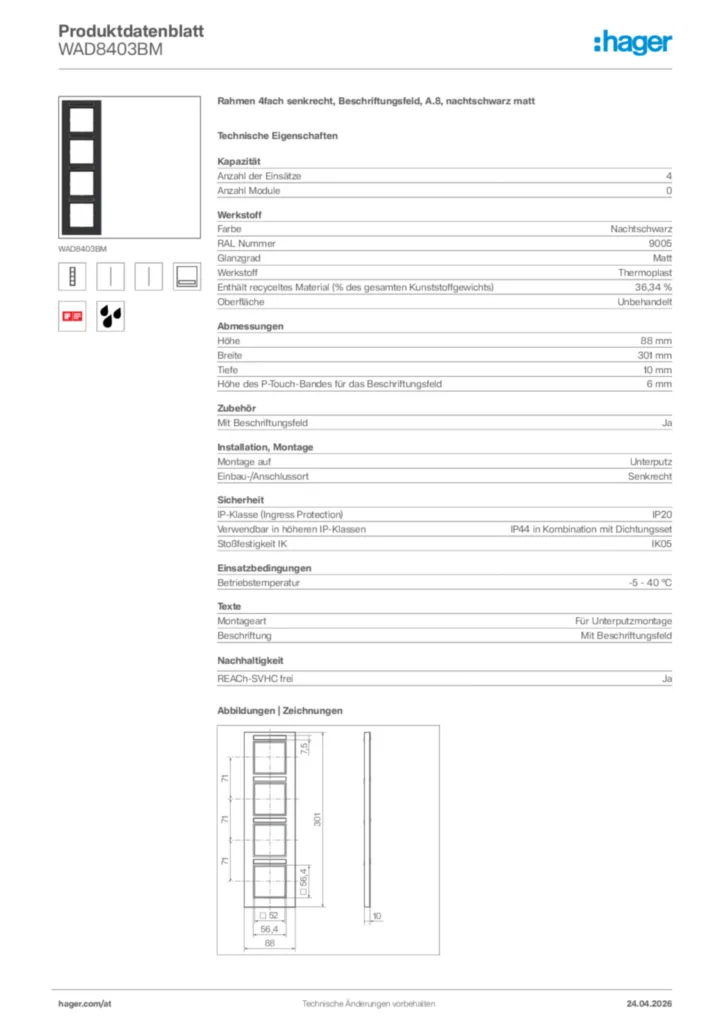 Bild Hager Produktdatenblatt WAD8403BM | Hager Deutschland