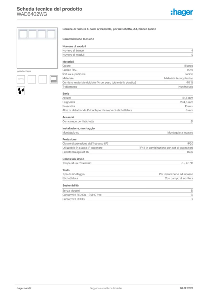 Immagine Hager Scheda tecnica del prodotto WAD6402WG | Hager Italia