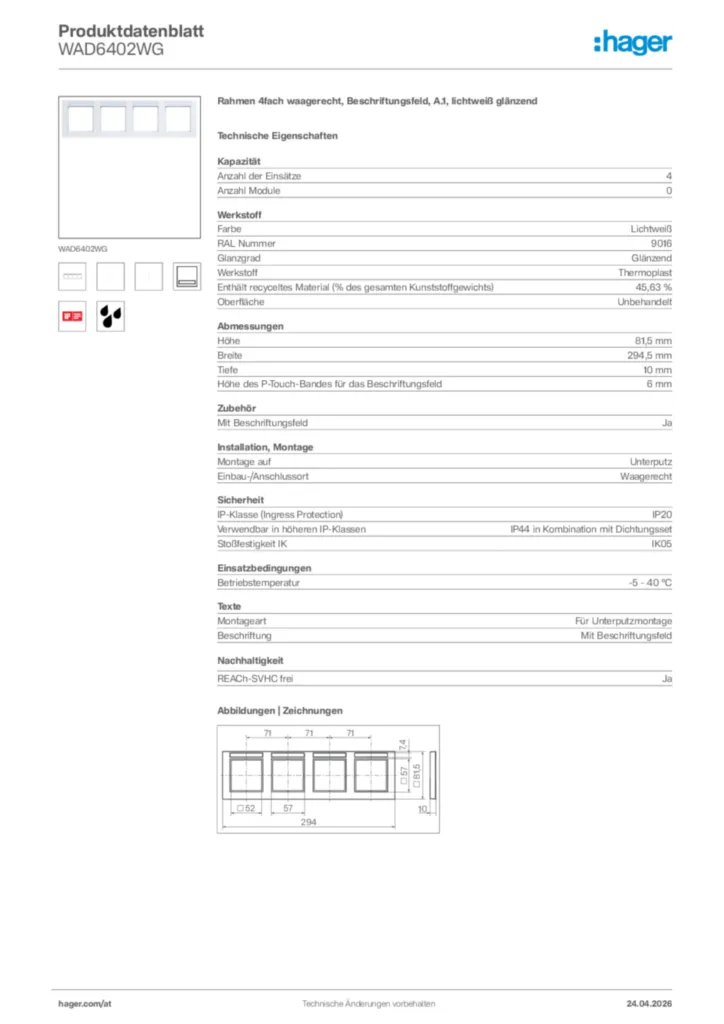 Bild Hager Produktdatenblatt WAD6402WG | Hager Deutschland