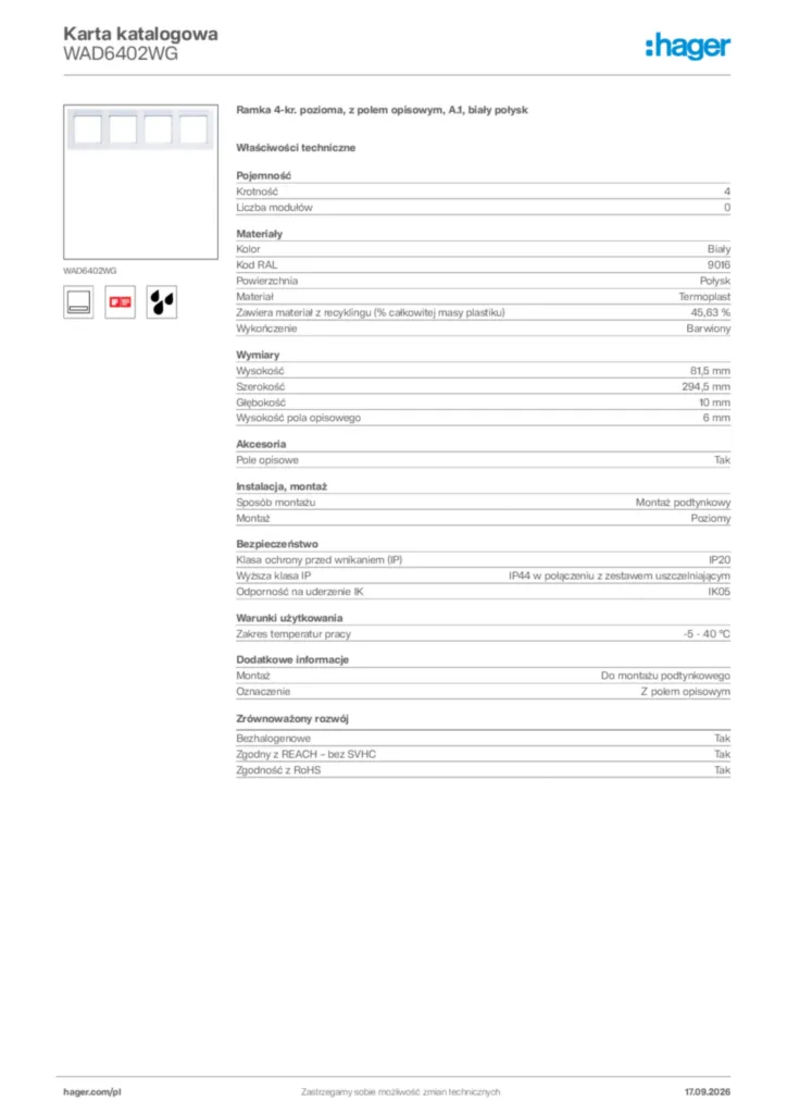 Zdjęcie Hager Karta katalogowa WAD6402WG | Hager Polska