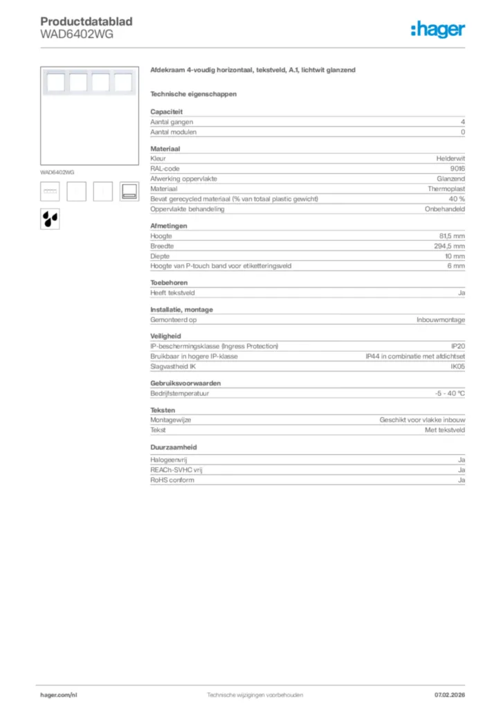 Afbeelding Hager Productdatablad WAD6402WG | Hager Nederland