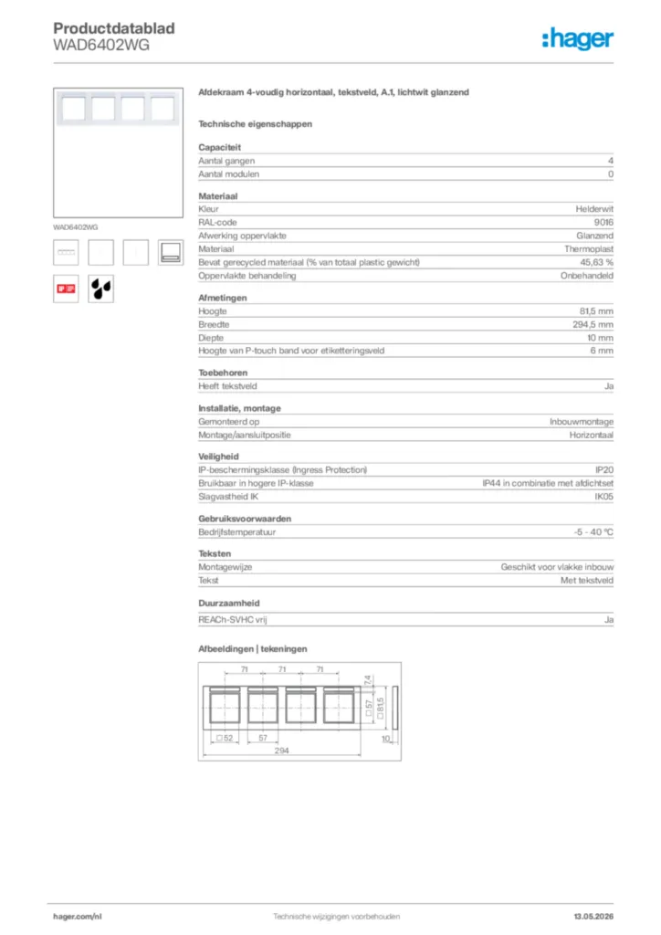 Afbeelding Hager Productdatablad WAD6402WG | Hager Nederland