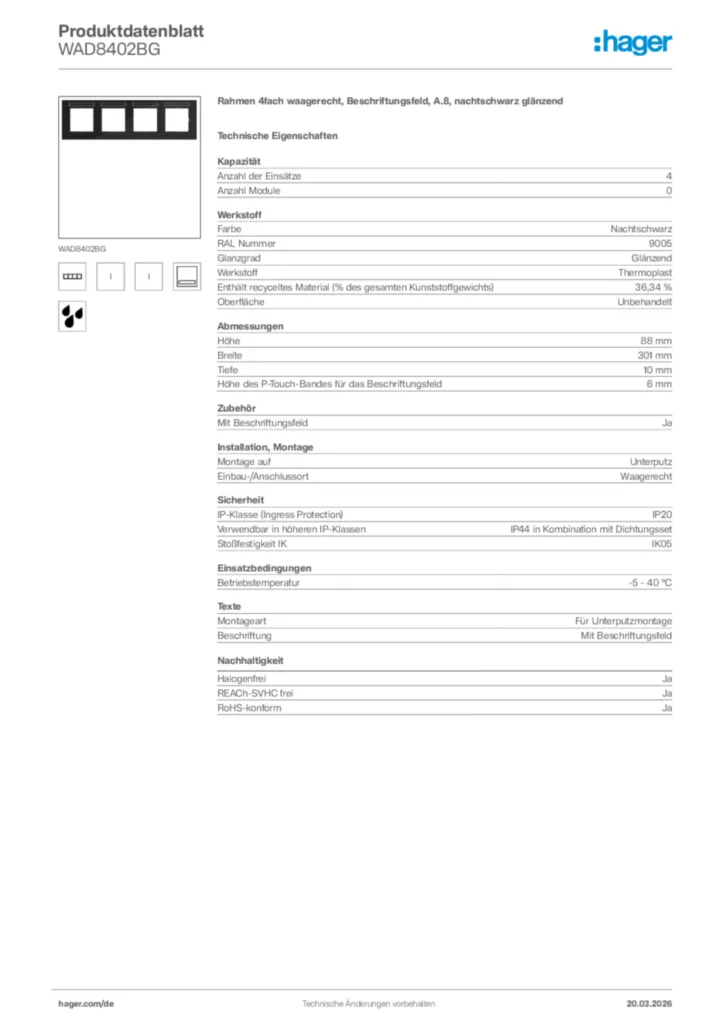 Bild Hager Produktdatenblatt WAD8402BG | Hager Deutschland