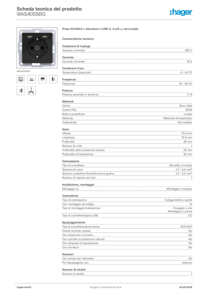 Immagine Hager Scheda tecnica del prodotto WAS4055BG | Hager Italia