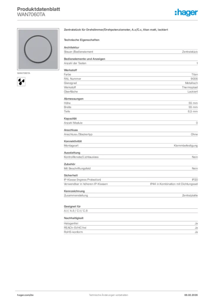 Bild Hager Produktdatenblatt WAN7060TA | Hager Deutschland