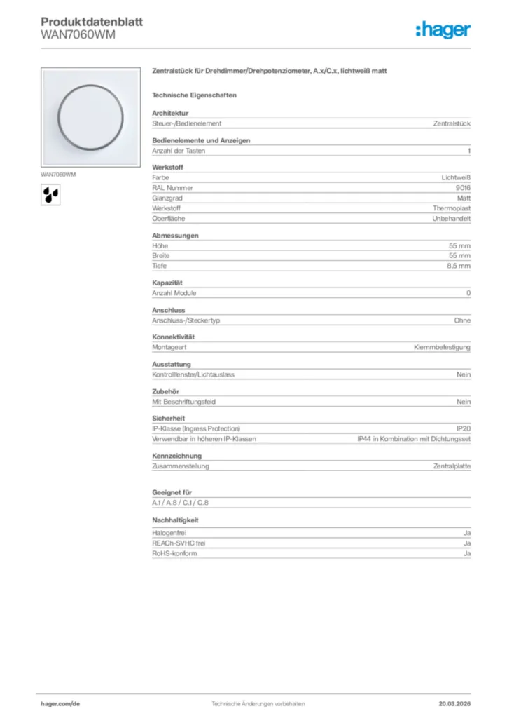 Bild Hager Produktdatenblatt WAN7060WM | Hager Deutschland