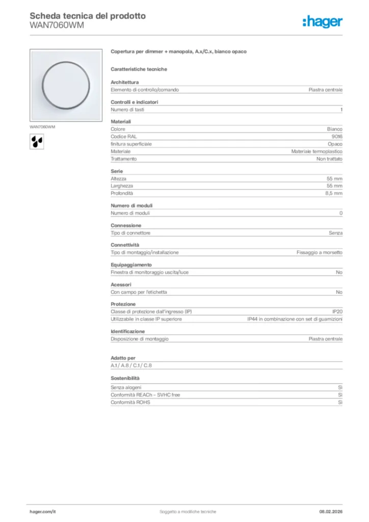 Immagine Hager Scheda tecnica del prodotto WAN7060WM | Hager Italia