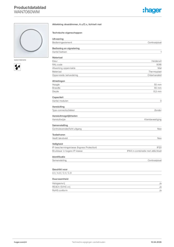 Afbeelding Hager Productdatablad WAN7060WM | Hager Nederland