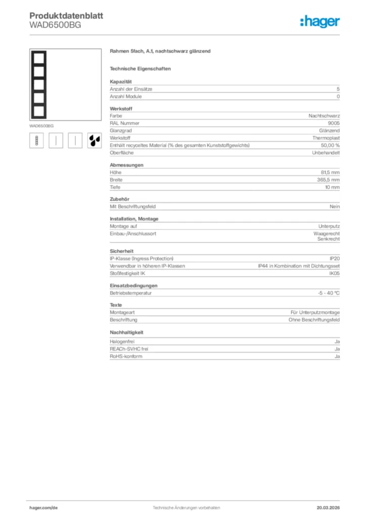Bild Hager Produktdatenblatt WAD6500BG | Hager Deutschland