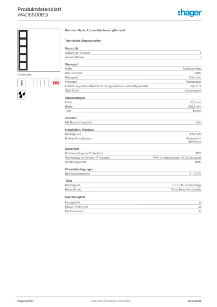 Bild Hager Produktdatenblatt WAD6500BG | Hager Deutschland
