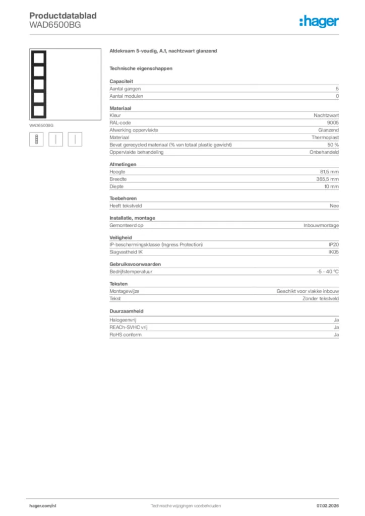 Afbeelding Hager Productdatablad WAD6500BG | Hager Nederland