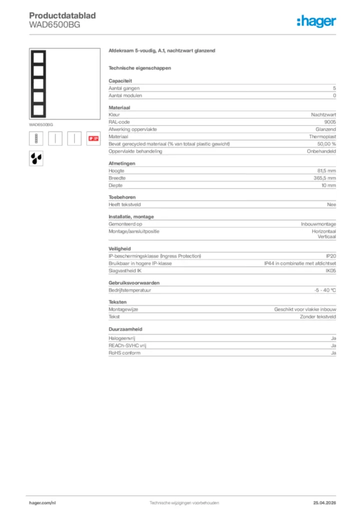 Afbeelding Hager Productdatablad WAD6500BG | Hager Nederland