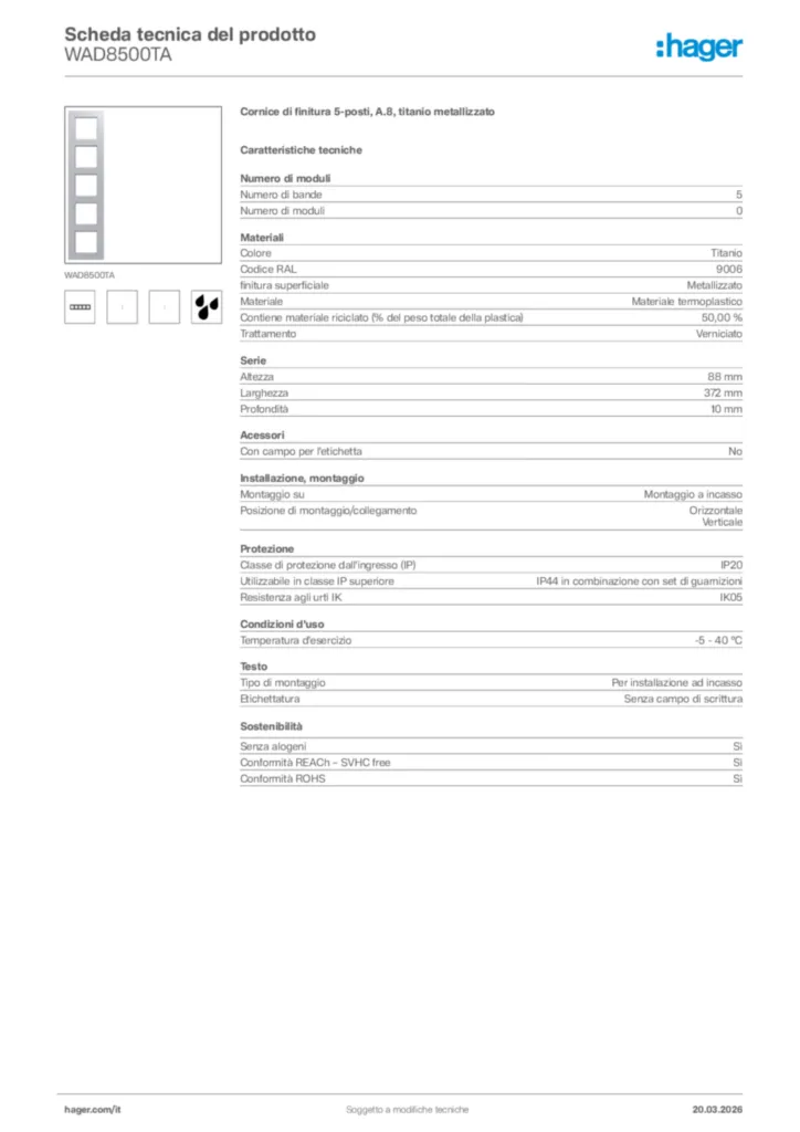 Immagine Hager Scheda tecnica del prodotto WAD8500TA | Hager Italia
