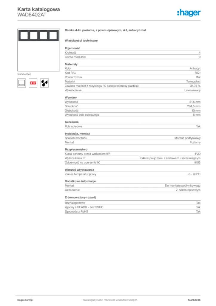 Zdjęcie Hager Karta katalogowa WAD6402AT | Hager Polska