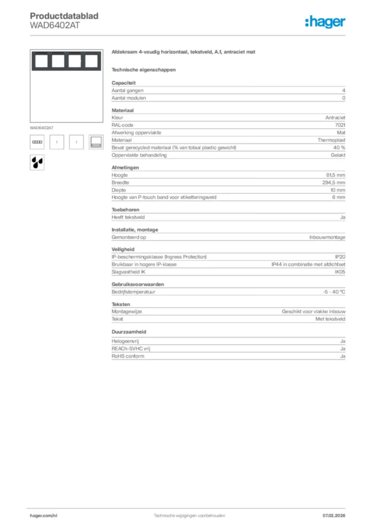 Afbeelding Hager Productdatablad WAD6402AT | Hager Nederland