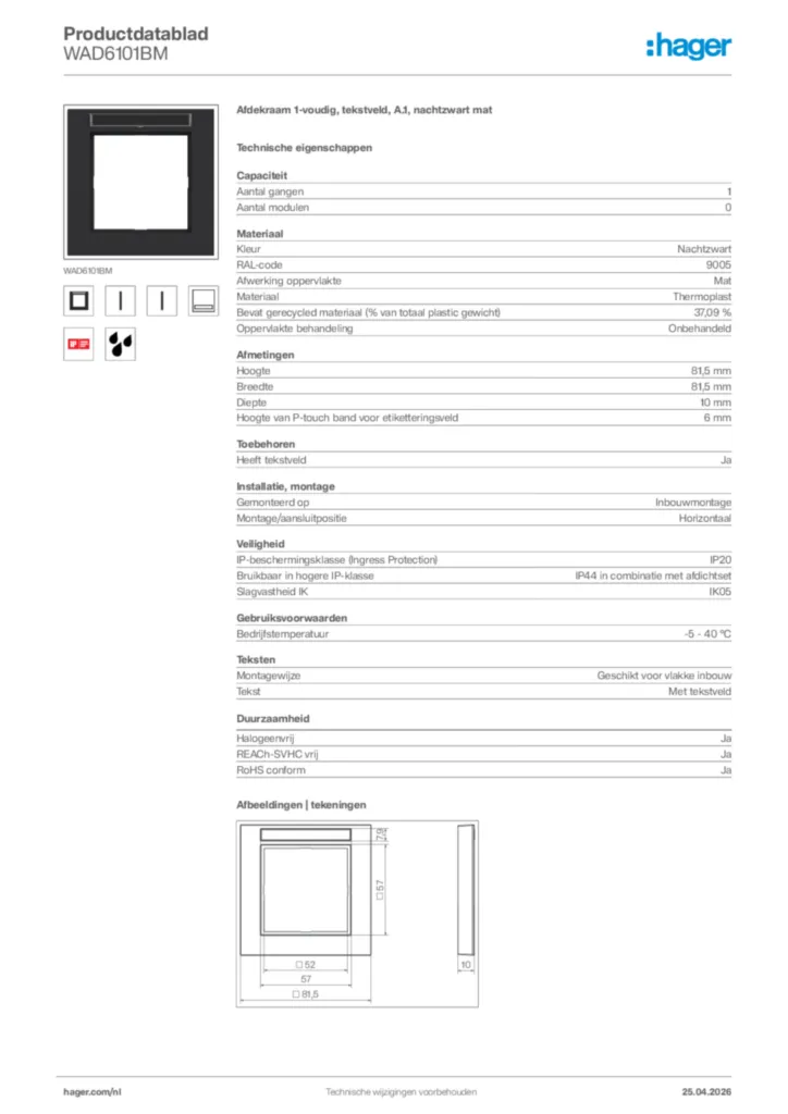 Afbeelding Hager Productdatablad WAD6101BM | Hager Nederland
