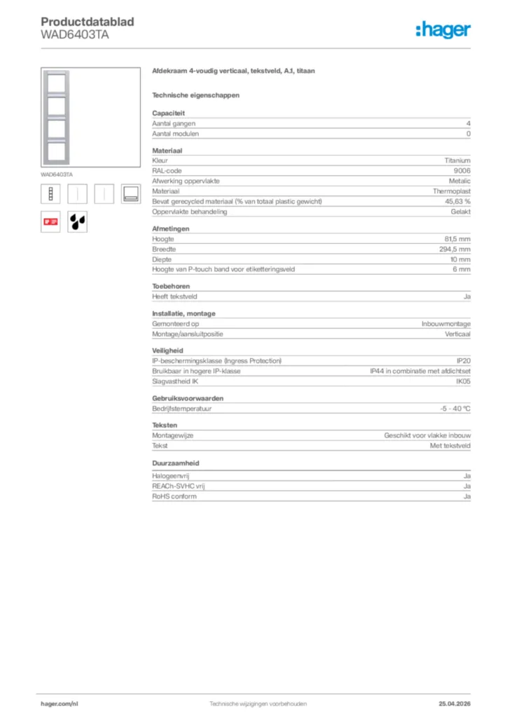 Afbeelding Hager Productdatablad WAD6403TA | Hager Nederland