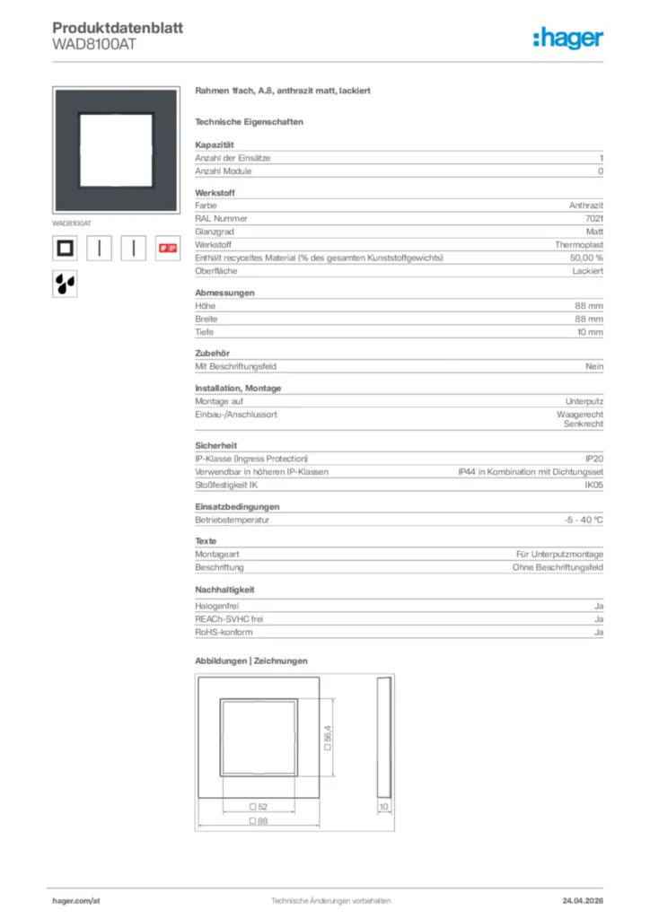 Bild Hager Produktdatenblatt WAD8100AT | Hager Deutschland