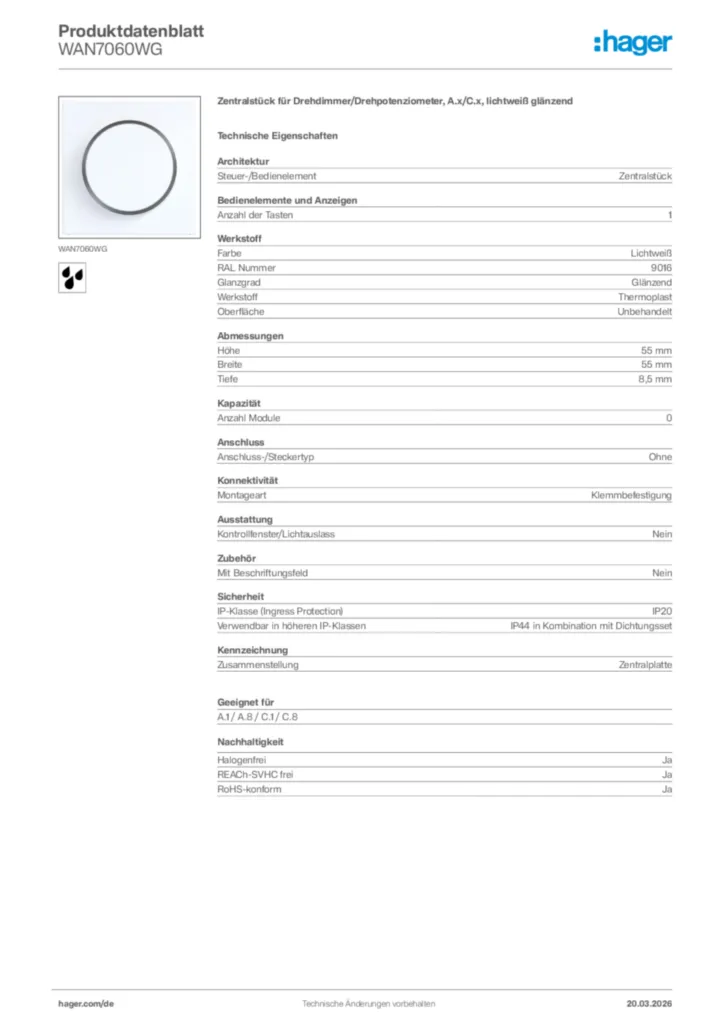 Bild Hager Produktdatenblatt WAN7060WG | Hager Deutschland
