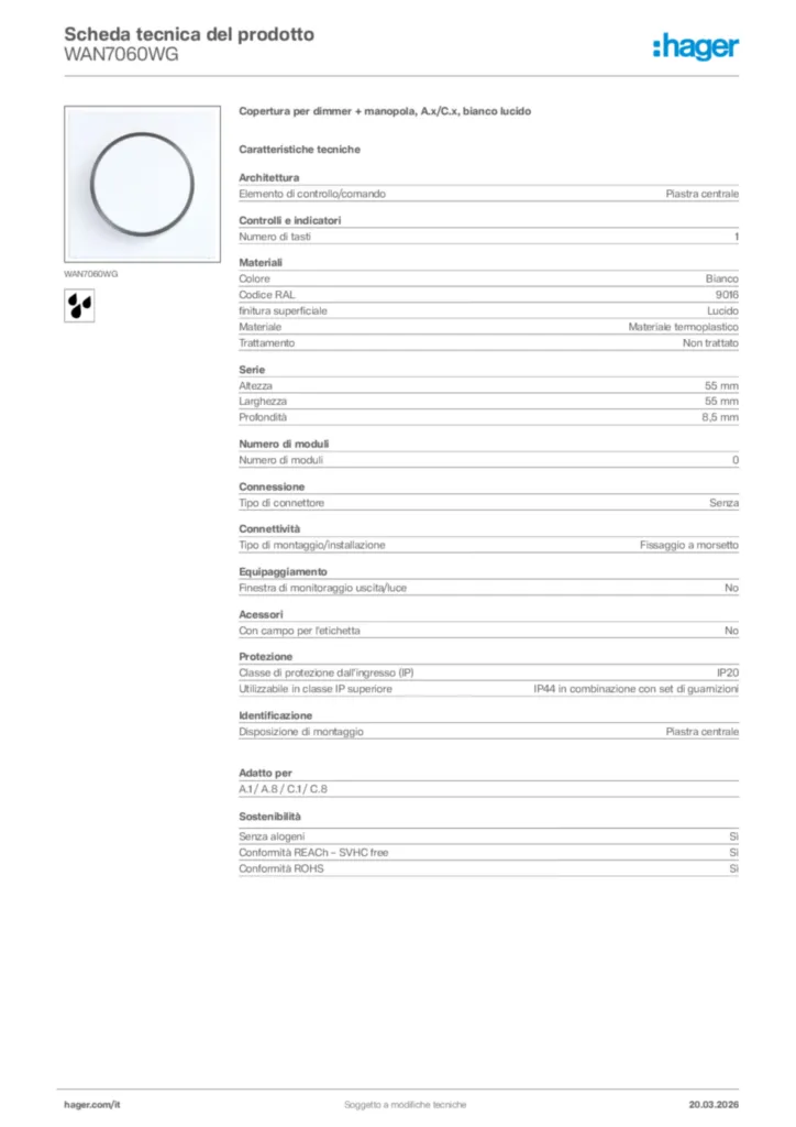 Immagine Hager Scheda tecnica del prodotto WAN7060WG | Hager Italia