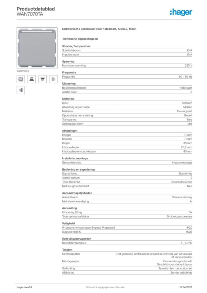 Afbeelding Hager Productdatablad WAN7070TA | Hager Nederland