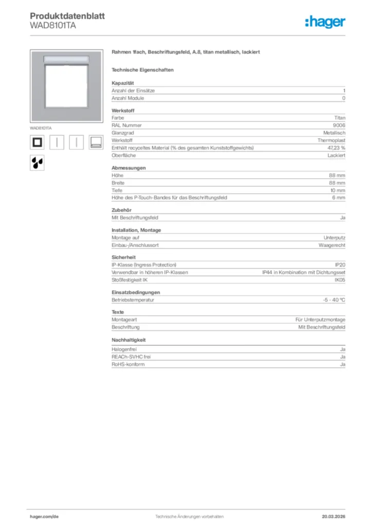 Bild Hager Produktdatenblatt WAD8101TA | Hager Deutschland