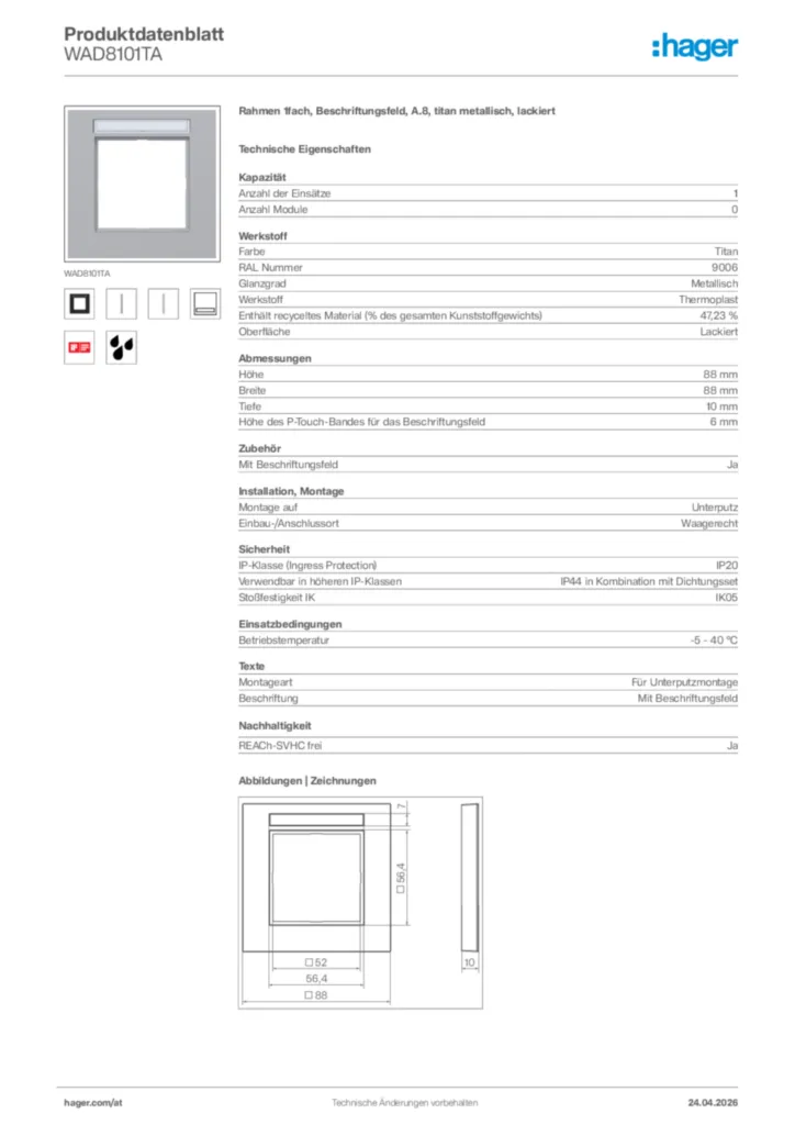 Bild Hager Produktdatenblatt WAD8101TA | Hager Deutschland