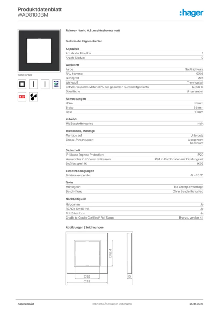 Bild Hager Produktdatenblatt WAD8100BM | Hager Deutschland