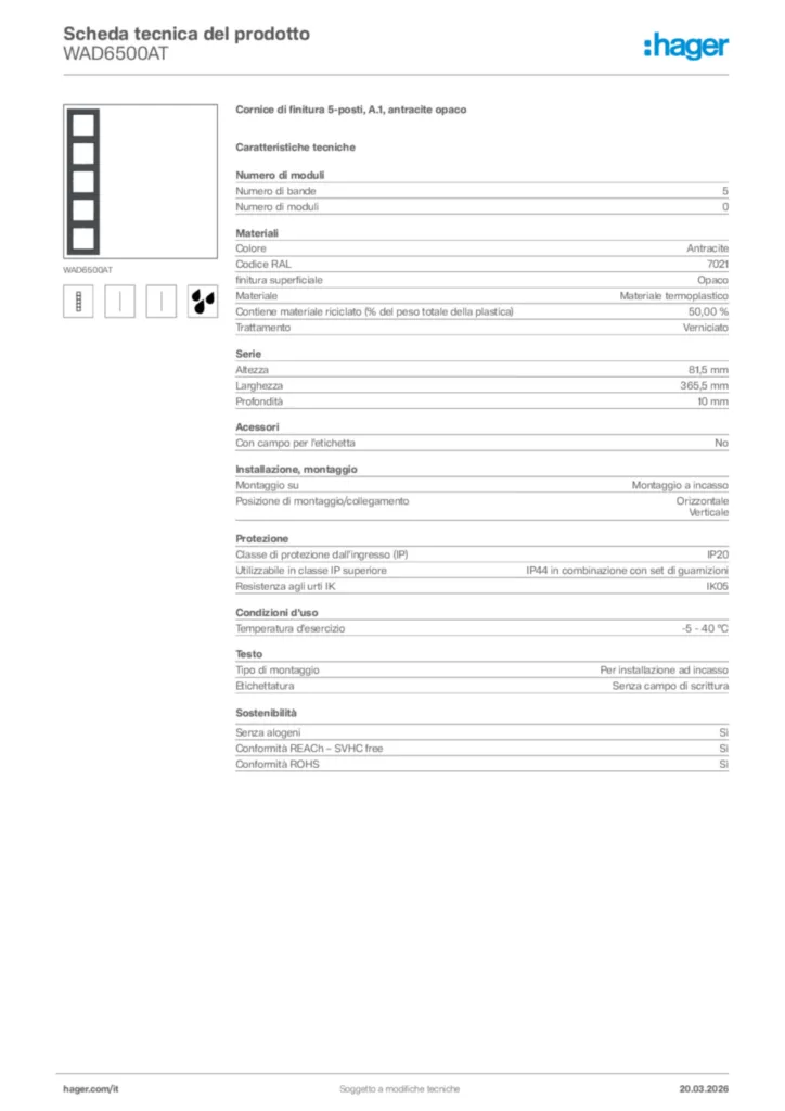 Immagine Hager Scheda tecnica del prodotto WAD6500AT | Hager Italia