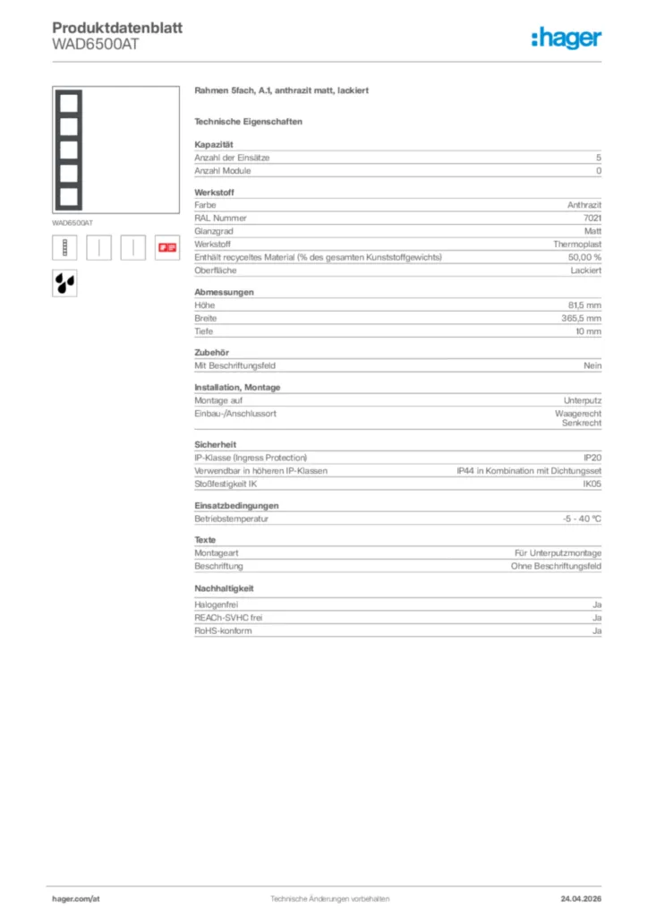 Bild Hager Produktdatenblatt WAD6500AT | Hager Deutschland