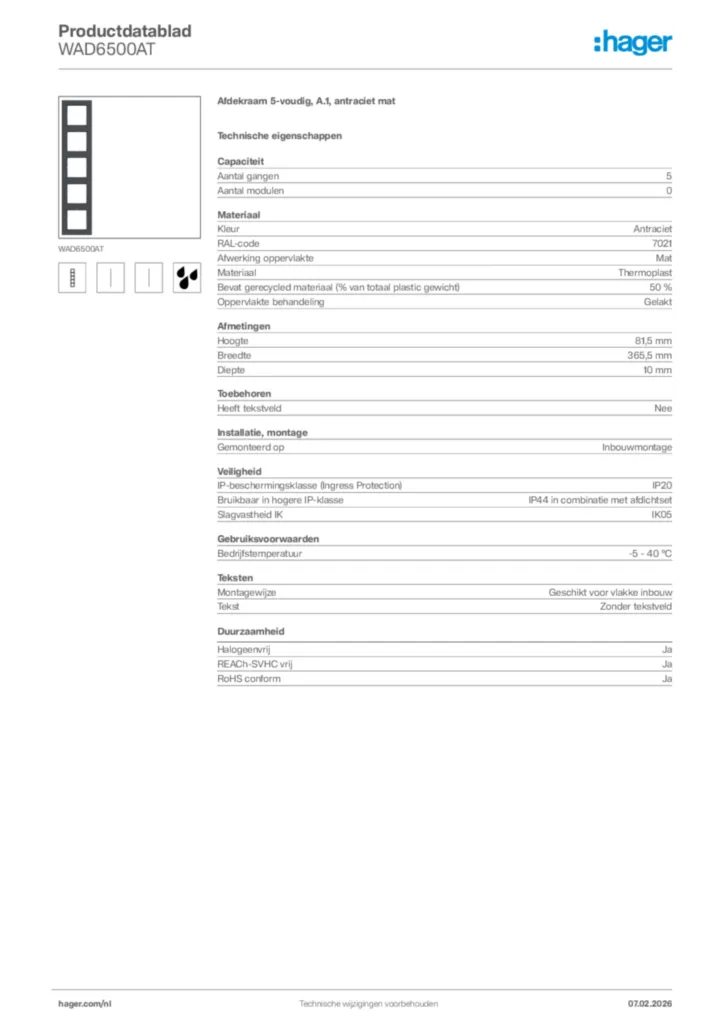 Afbeelding Hager Productdatablad WAD6500AT | Hager Nederland