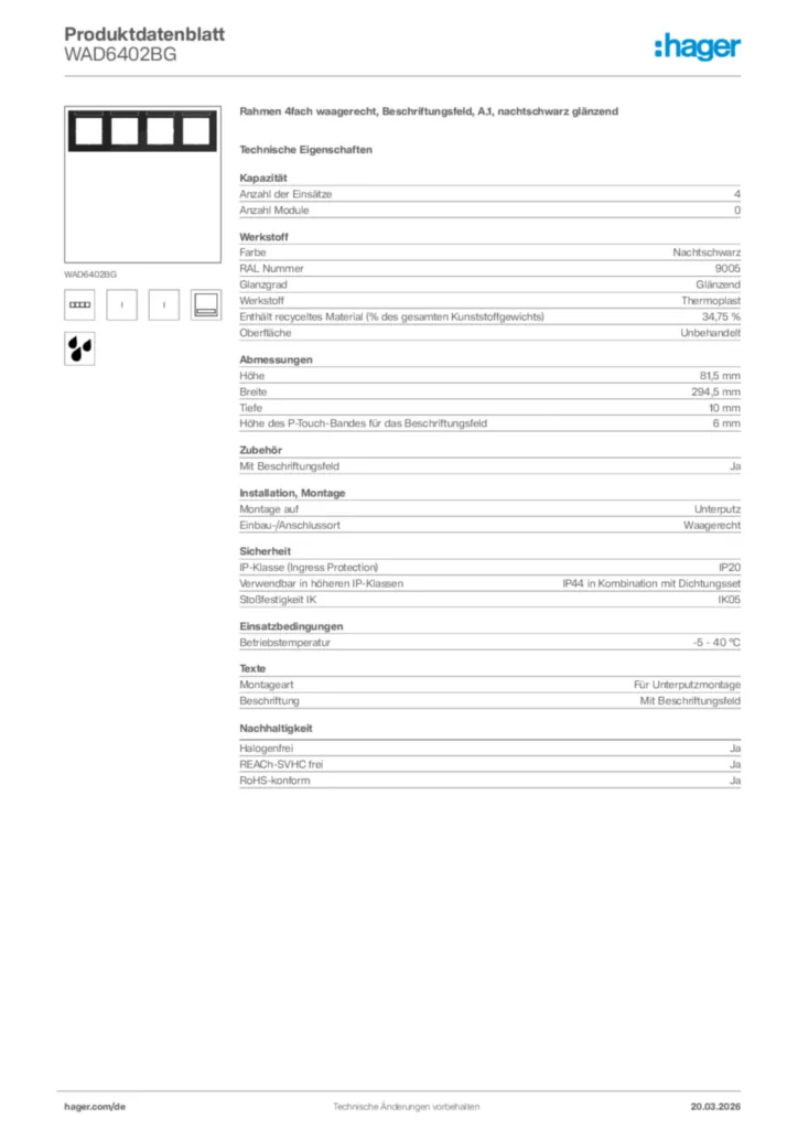 Bild Hager Produktdatenblatt WAD6402BG | Hager Deutschland