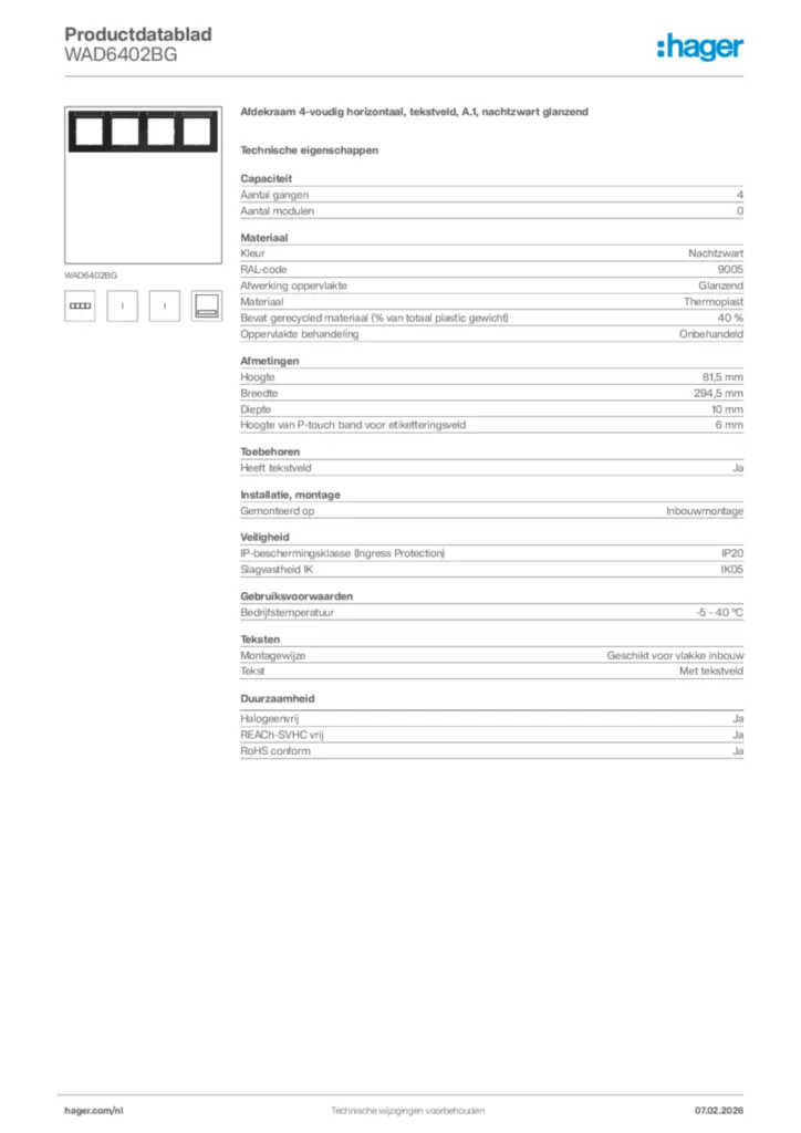 Afbeelding Hager Productdatablad WAD6402BG | Hager Nederland