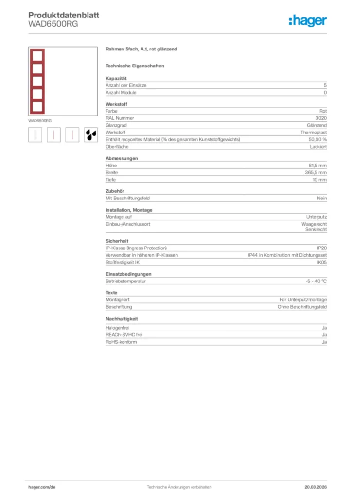 Bild Hager Produktdatenblatt WAD6500RG | Hager Deutschland