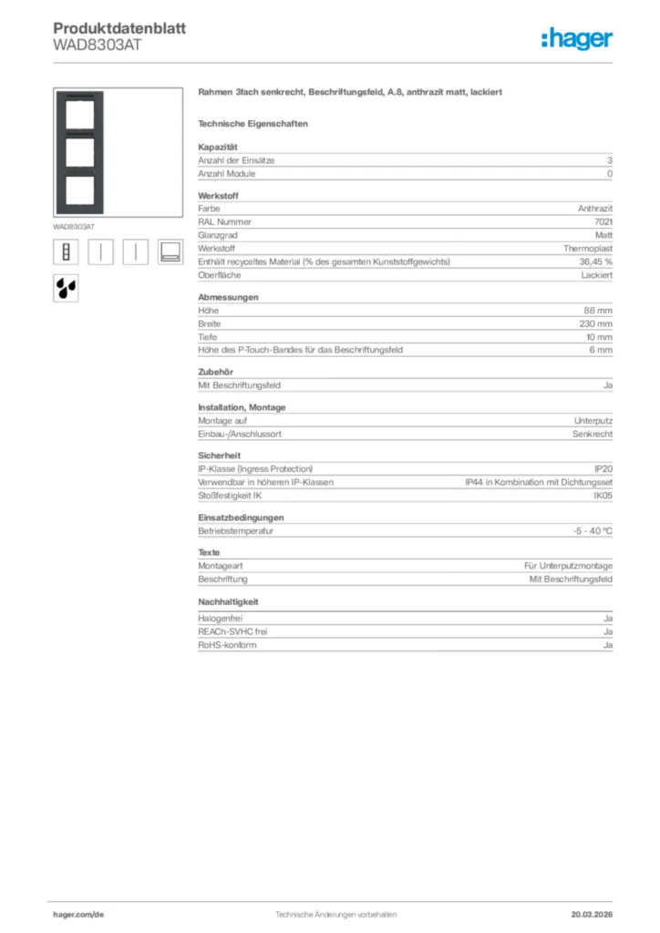Bild Hager Produktdatenblatt WAD8303AT | Hager Deutschland