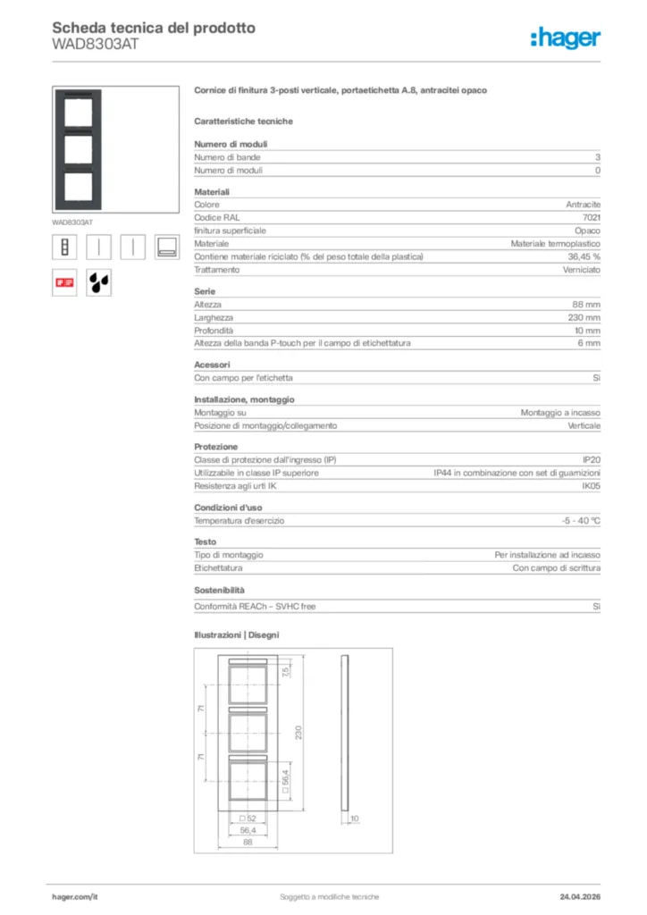 Immagine Hager Scheda tecnica del prodotto WAD8303AT | Hager Italia