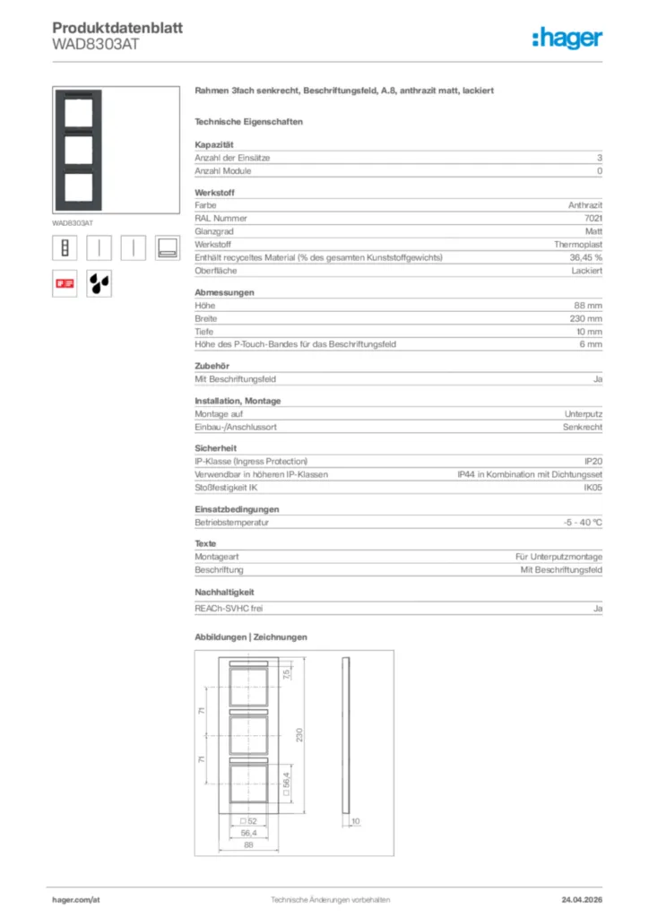 Bild Hager Produktdatenblatt WAD8303AT | Hager Deutschland