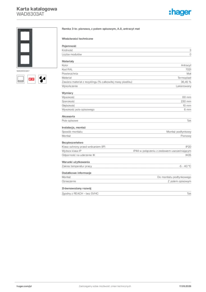 Zdjęcie Hager Karta katalogowa WAD8303AT | Hager Polska