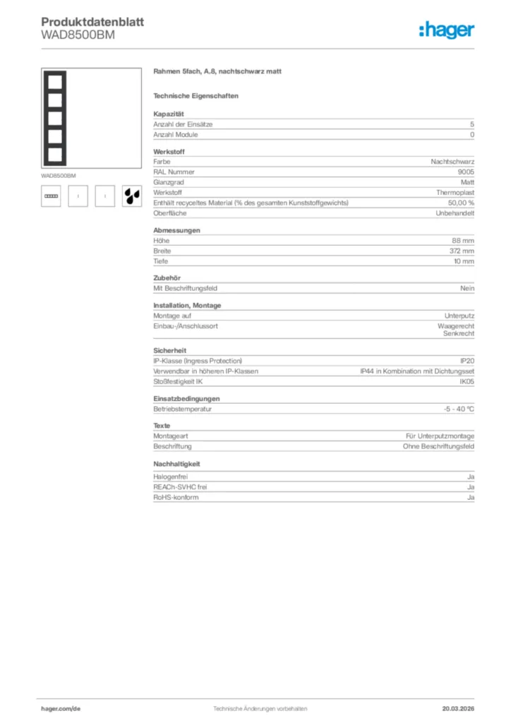 Bild Hager Produktdatenblatt WAD8500BM | Hager Deutschland