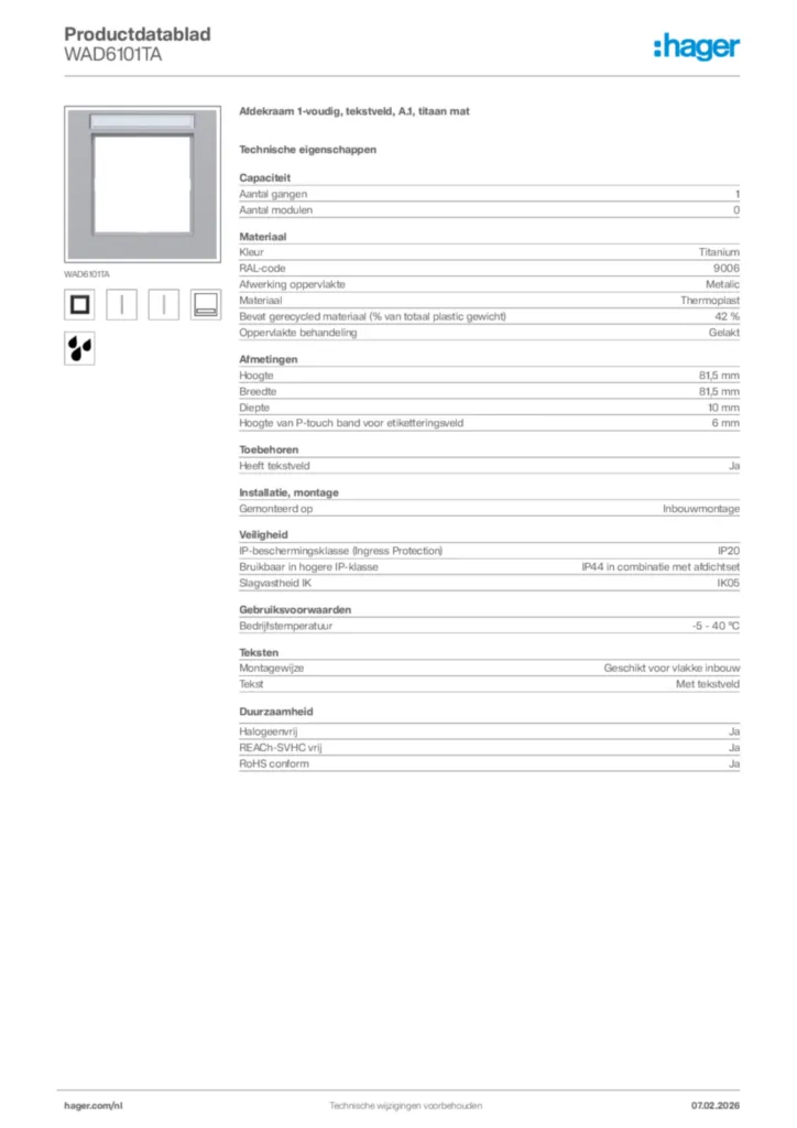 Afbeelding Hager Productdatablad WAD6101TA | Hager Nederland