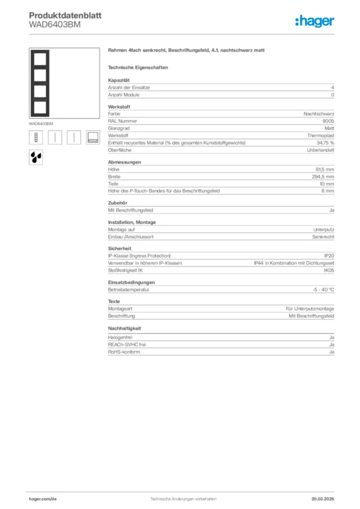 Bild Hager Produktdatenblatt WAD6403BM | Hager Deutschland