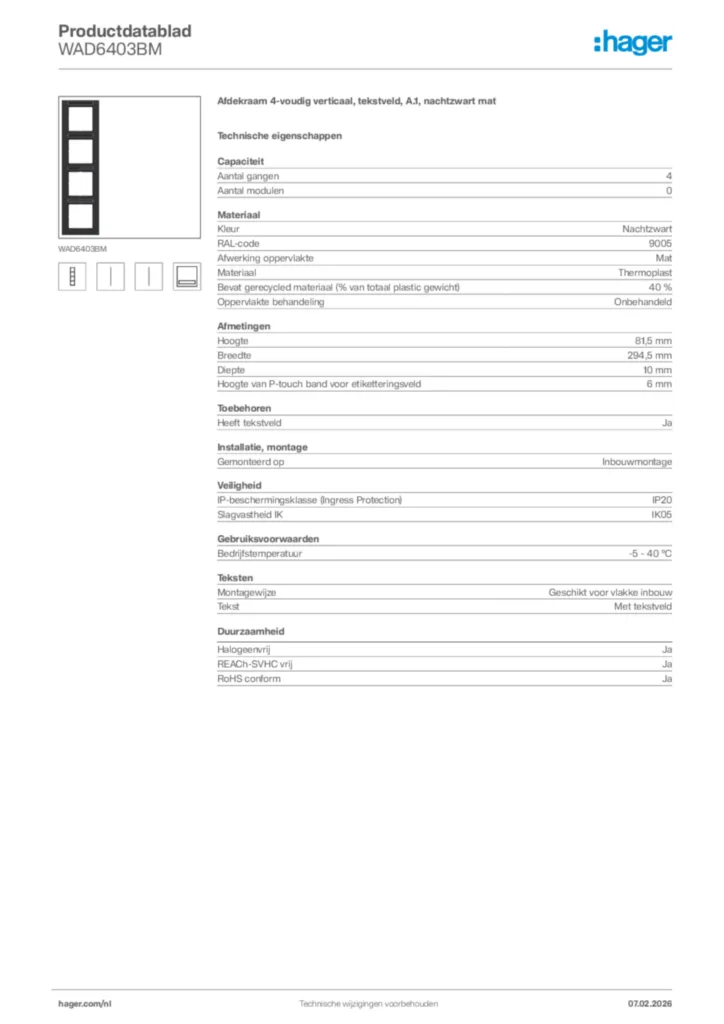 Afbeelding Hager Productdatablad WAD6403BM | Hager Nederland
