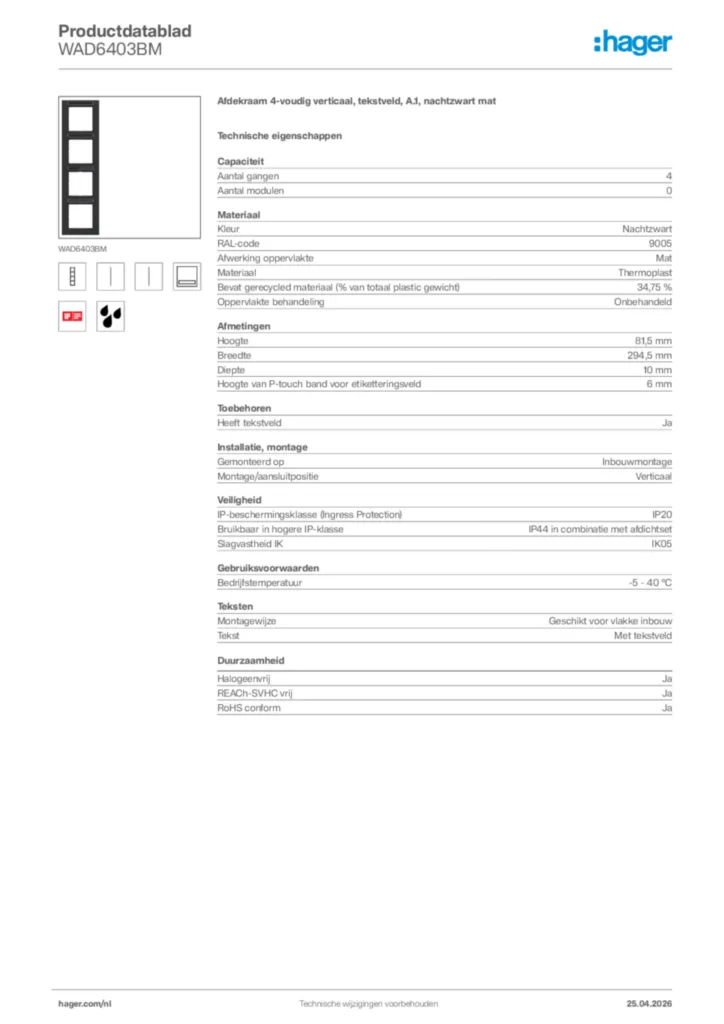 Afbeelding Hager Productdatablad WAD6403BM | Hager Nederland