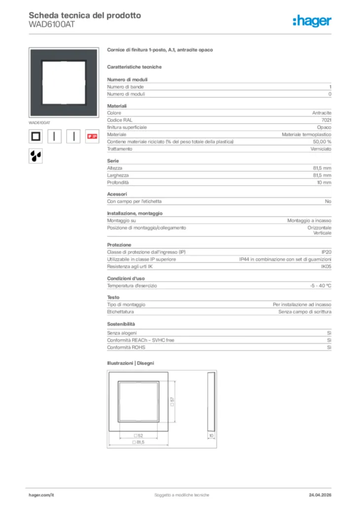 Immagine Hager Scheda tecnica del prodotto WAD6100AT | Hager Italia