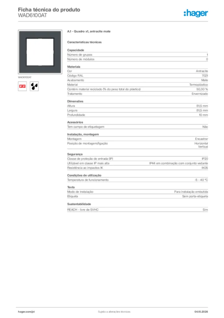 Imagem Hager Ficha técnica do produto WAD6100AT | Hager Portugal