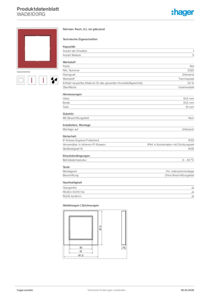 Bild Hager Produktdatenblatt WAD6100RG | Hager Deutschland