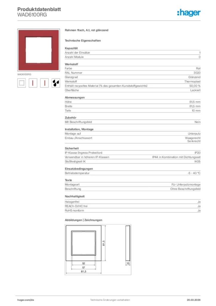 Bild Hager Produktdatenblatt WAD6100RG | Hager Deutschland